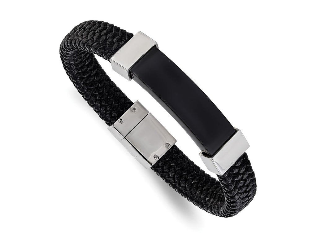 FJC Finejewelers Stainless Steel Polished Black IP-plated Black Leather 8.5in Bracelet 8.5 Inches x 10 mm