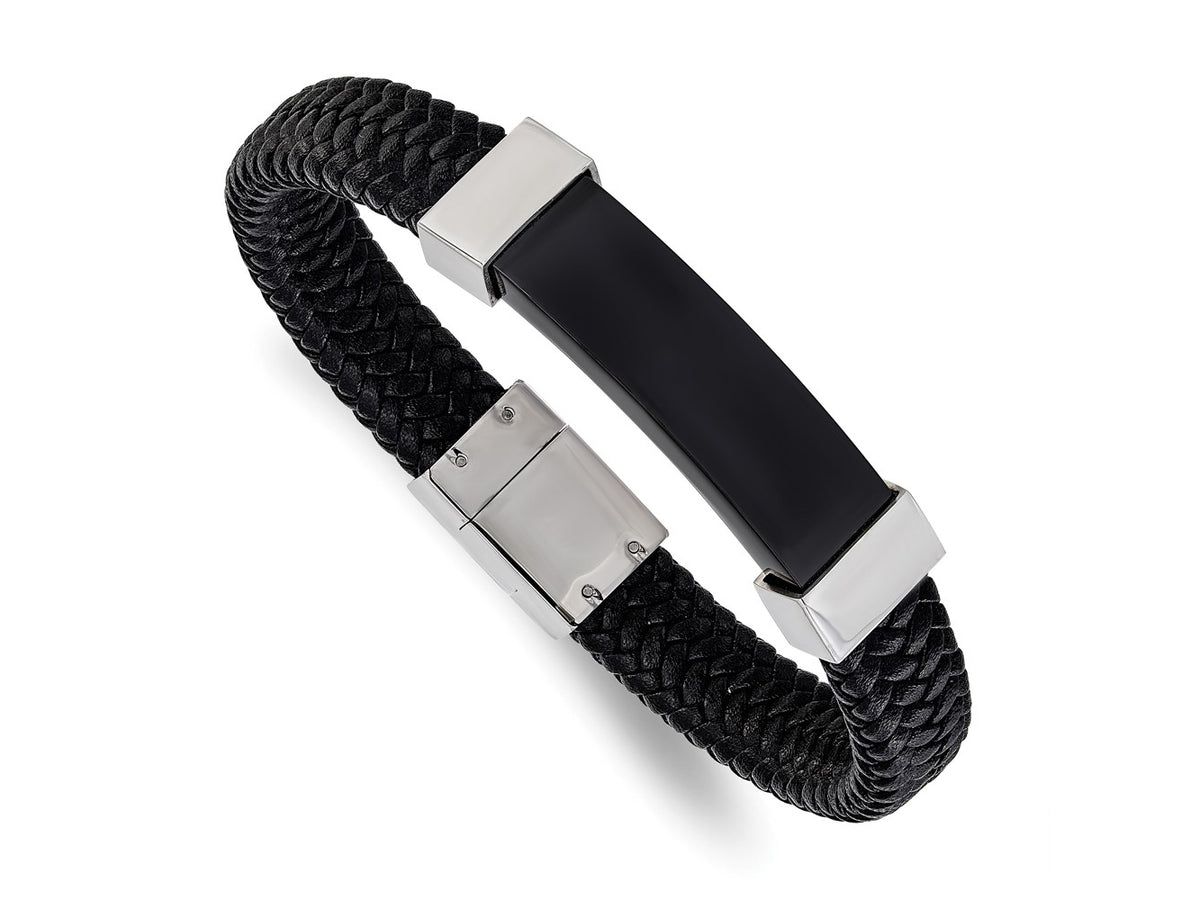 FJC Finejewelers Stainless Steel Polished Black IP-plated Black Leather 8.5in Bracelet 8.5 Inches x 10 mm