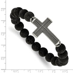 FJC Finejewelers Stainless Steel Natural Stone/Wood Antiqued GunMetal IP with Lava Stone Cross Stretch B Bracelet