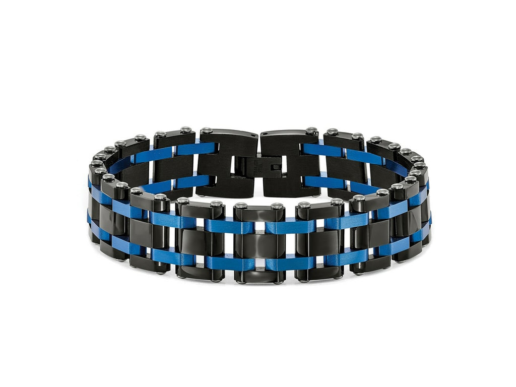 FJC Finejewelers Stainless Steel Contemporary Brushed and Black/Blue IP-plated Bracelet 8.5 Inches x 16.49 mm