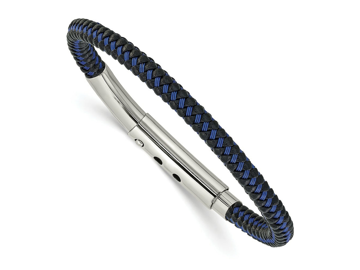 FJC Finejewelers Stainless Steel Adjustable Stretch Wrap Blue Wire and Black PU Adjst 7.75 to 8.25 Inches