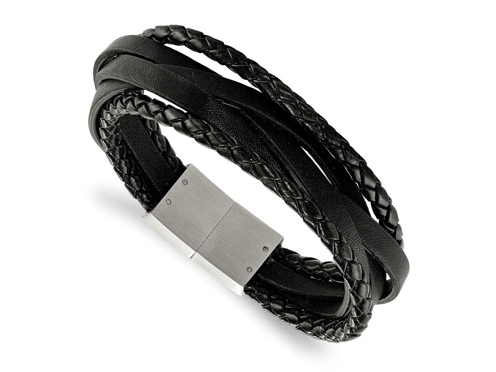 FJC Finejewelers Stainless Steel Brushed Black Leather Braided Multi-Strand 8.25in Bracelet 8.25 Inches x 22.25 mm