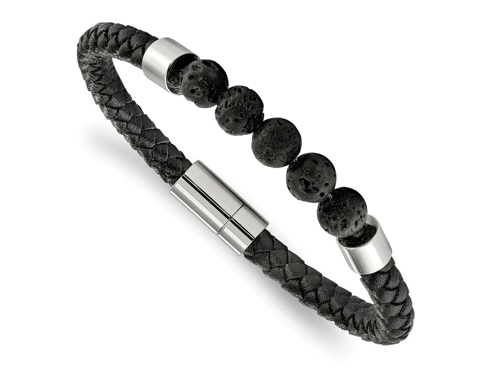 FJC Finejewelers Stainless Steel CZ Bracelet Black Leather with Lava Stones 8.75 inch Bracelet 9 Inches x 5.9 mm