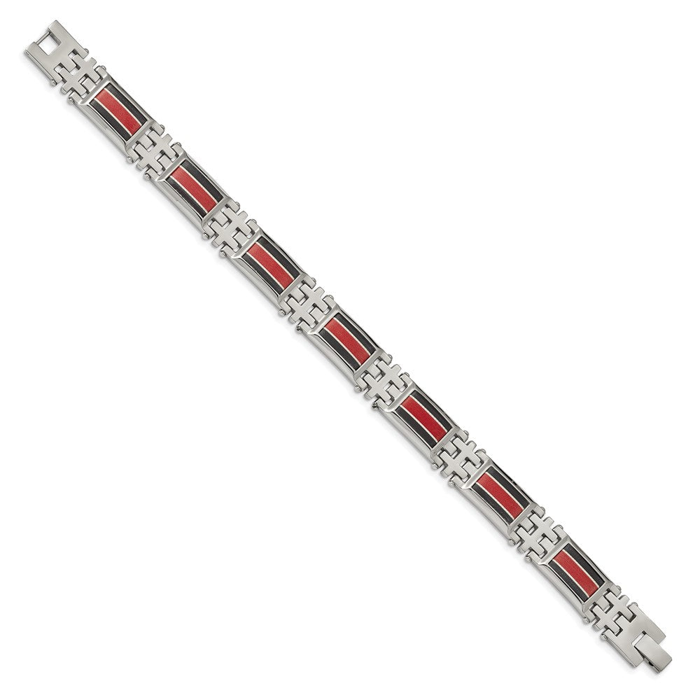 FJC Finejewelers Stainless Steel Link Black Carbon Fiber/Red Fiber Glass Inlay Bracelet 9.25 Inches x 13.87 mm
