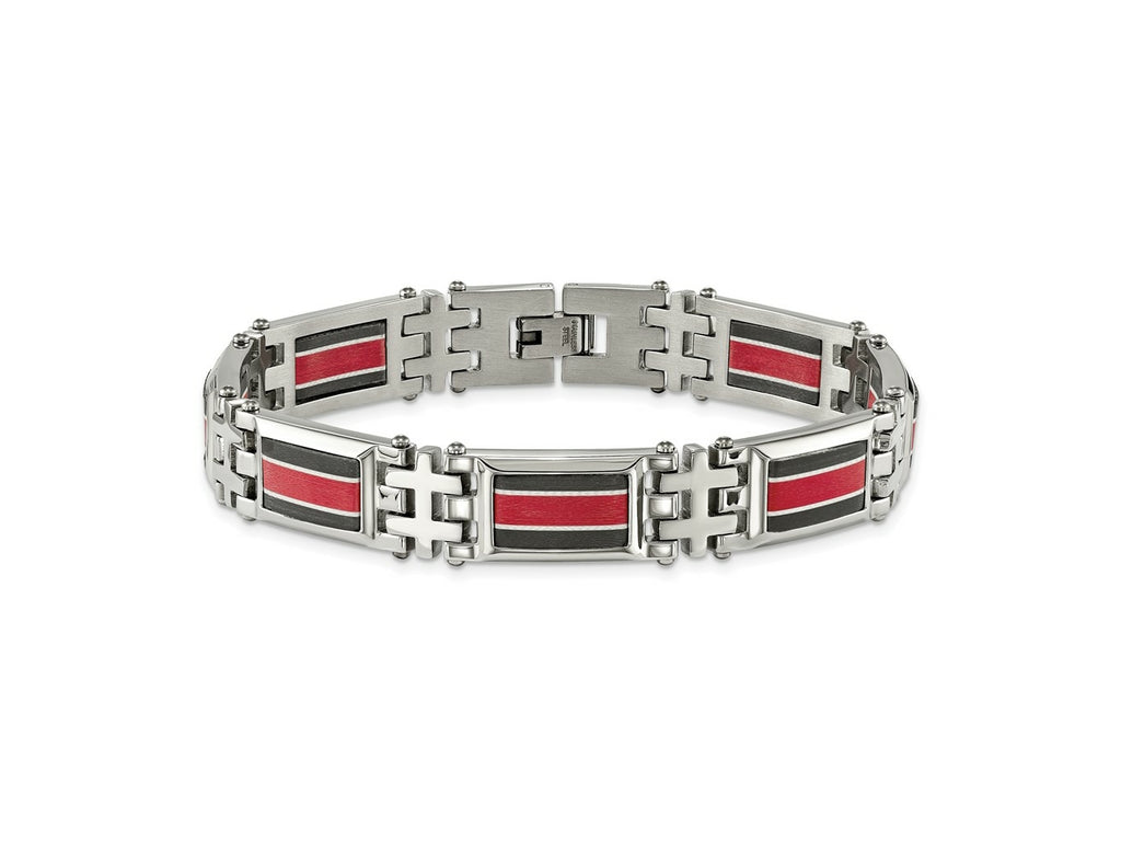 FJC Finejewelers Stainless Steel Link Black Carbon Fiber/Red Fiber Glass Inlay Bracelet 9.25 Inches x 13.87 mm