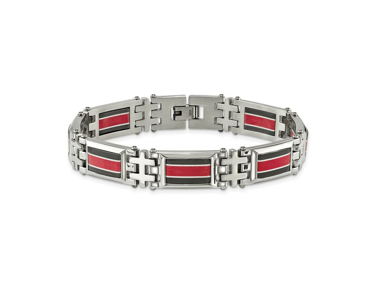 FJC Finejewelers Stainless Steel Link Black Carbon Fiber/Red Fiber Glass Inlay Bracelet 9.25 Inches x 13.87 mm