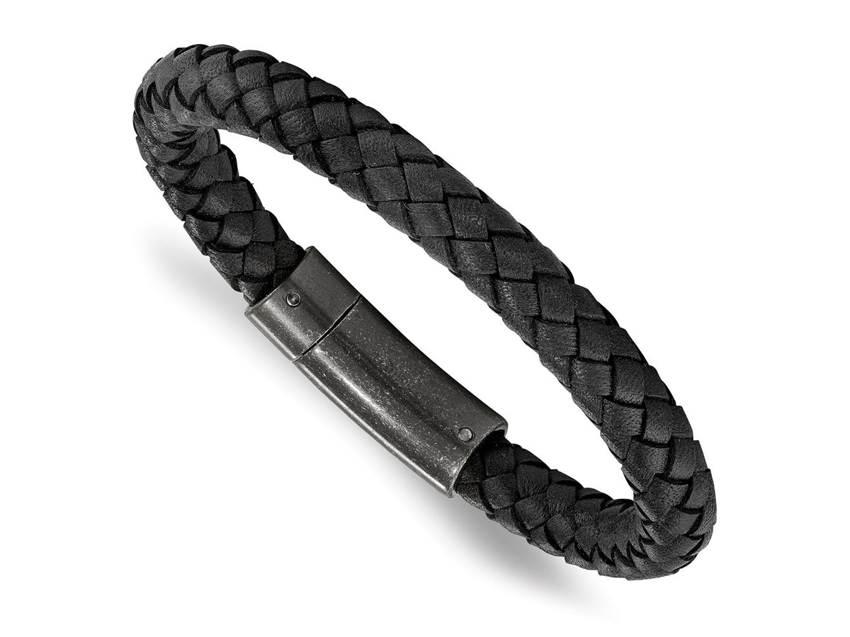 FJC Finejewelers Stainless Steel Cord, Leather and Rubber Brushed Black Braided Leather 8.25in Bracelet 8.25 Inches x 7.