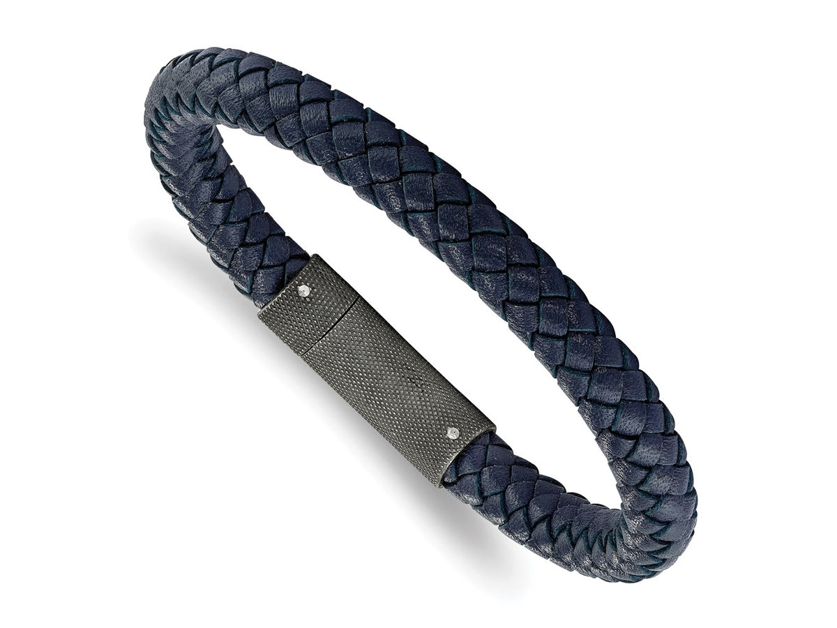 FJC Finejewelers Stainless Steel Brushed Blue Leather Braided 8.5in Bracelet 8.5 Inches x 7.8 mm
