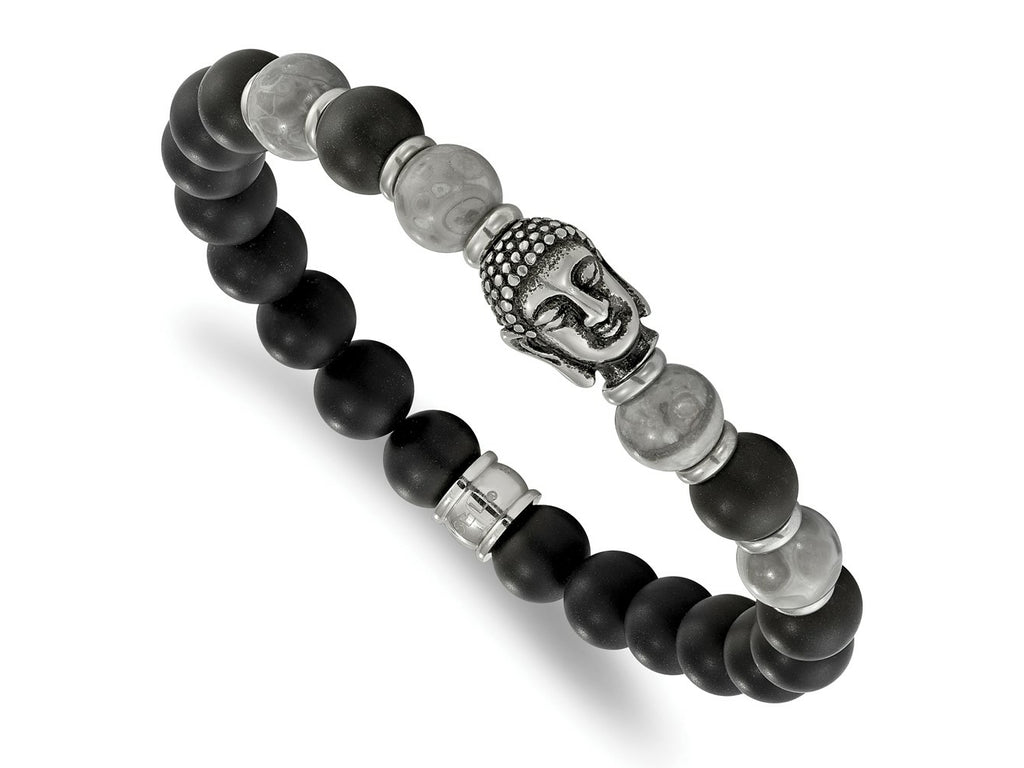 FJC Finejewelers Stainless Steel Natural Stone/Wood Antiqued Buddha Black Agate/Grey Jasper Stretch Bracelet 7.5 Inches