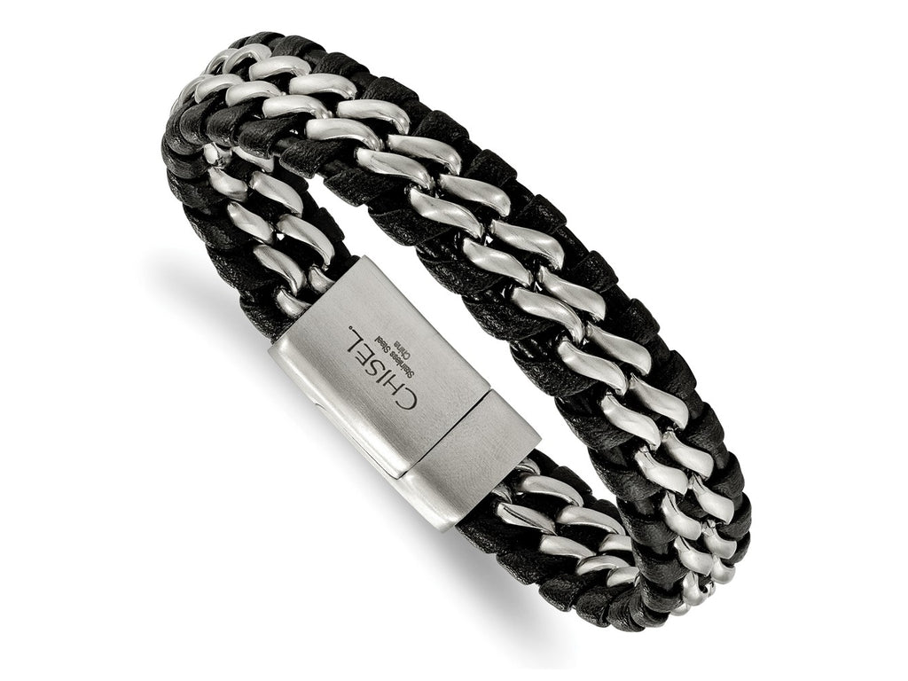 FJC Finejewelers Stainless Steel Brushed Black Leather 8.5in Bracelet 8.5 Inches x 13.88 mm