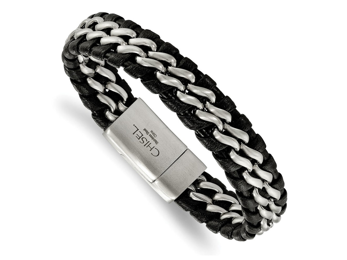 FJC Finejewelers Stainless Steel Brushed Black Leather 8.5in Bracelet 8.5 Inches x 13.88 mm