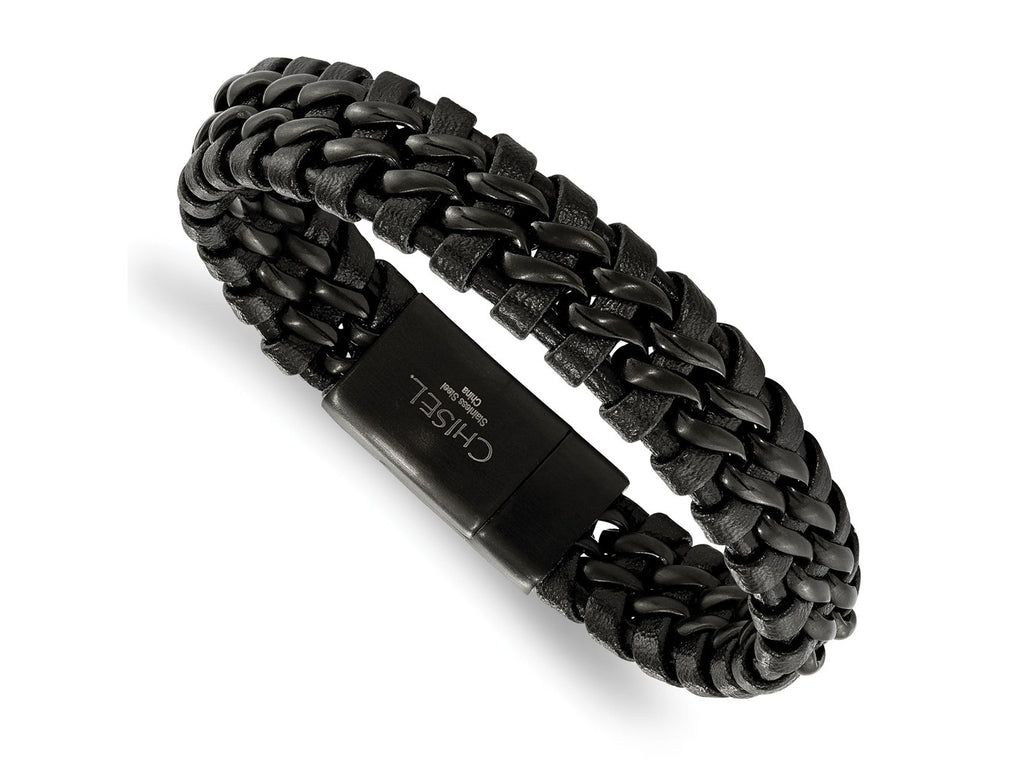 FJC Finejewelers Stainless Steel Cord, Leather and Rubber Brushed Black IP-plated Black Leather 8.5in Bracelet 8.5 Inche