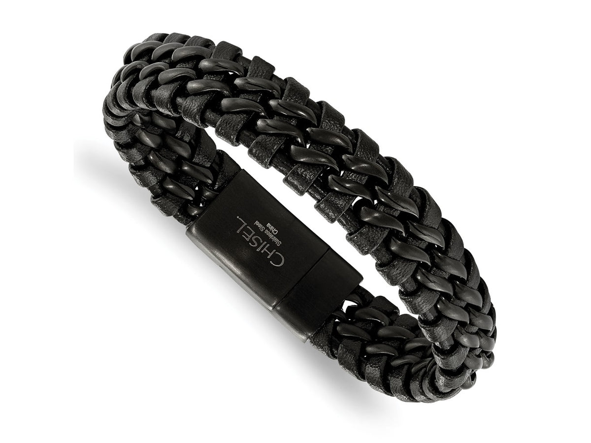 FJC Finejewelers Stainless Steel Cord, Leather and Rubber Brushed Black IP-plated Black Leather 8.5in Bracelet 8.5 Inche
