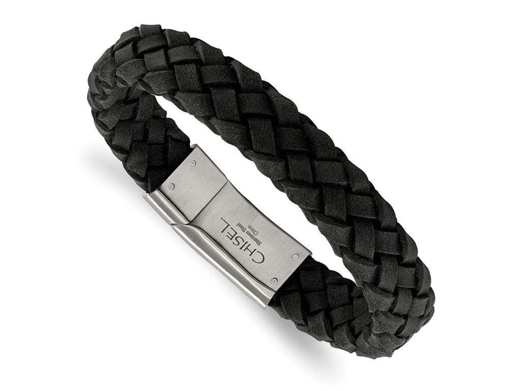 FJC Finejewelers Stainless Steel Cord, Leather and Rubber Brushed Black Leather 8.25in Bracelet 8.25 Inches x 12.51 mm