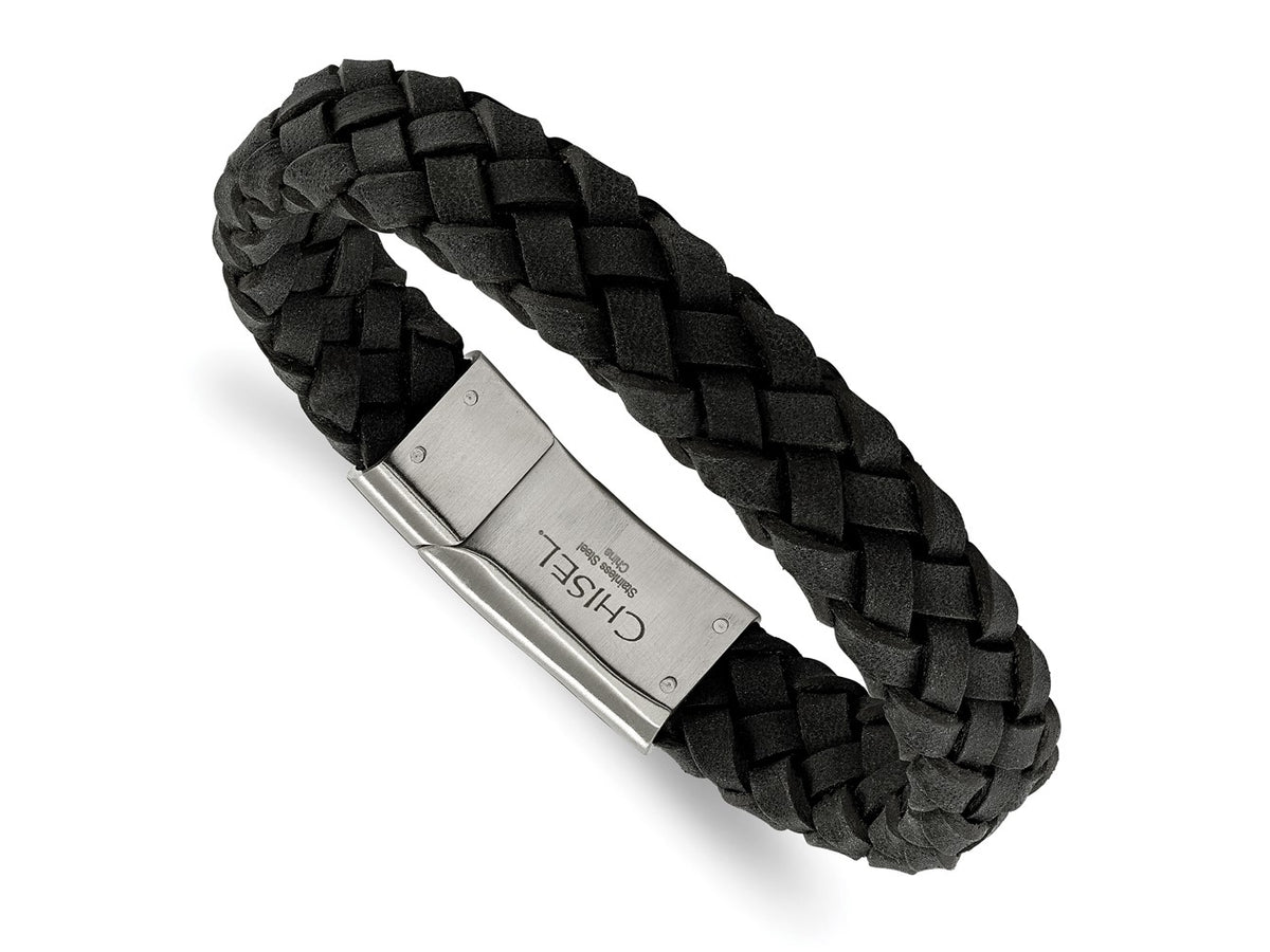 FJC Finejewelers Stainless Steel Cord, Leather and Rubber Brushed Black Leather 8.25in Bracelet 8.25 Inches x 12.51 mm