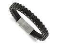 FJC Finejewelers Stainless Steel Brushed Cable and Black Leather 8.5in Bracelet 8.5 Inches x 11.5 mm