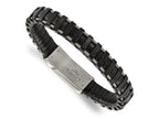 FJC Finejewelers Stainless Steel Brushed Cable and Black Leather 8.5in Bracelet 8.5 Inches x 11.5 mm