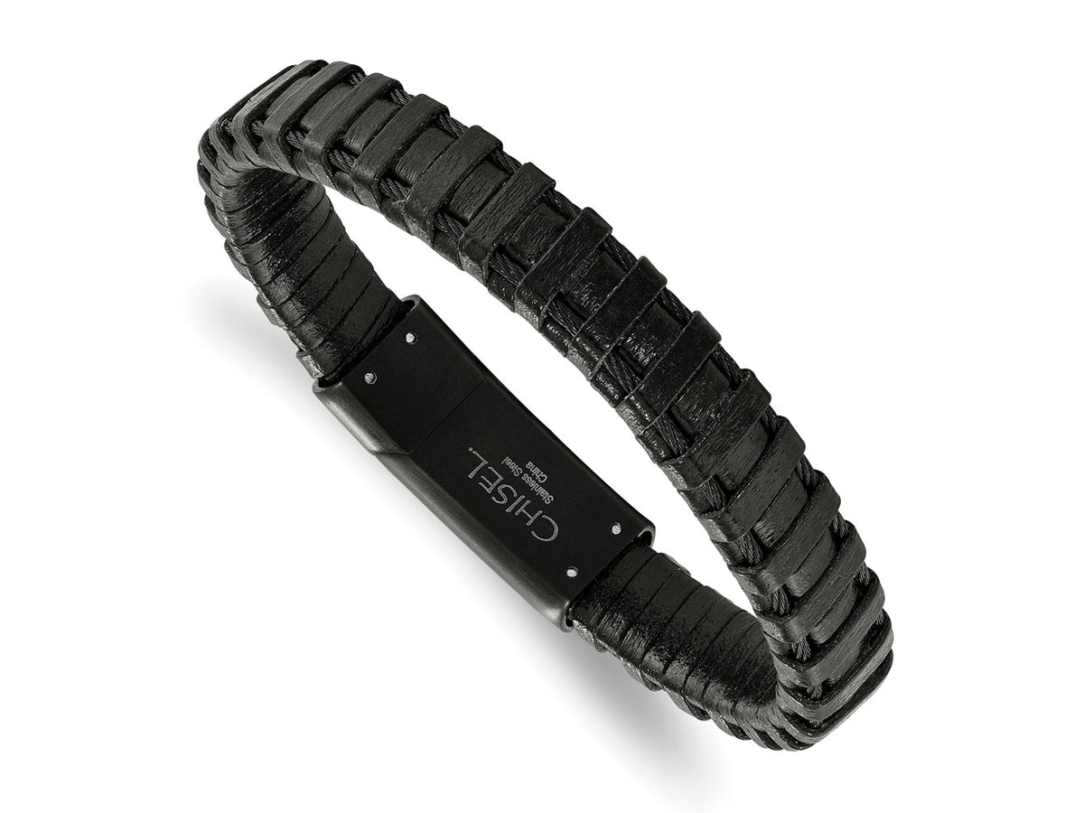 FJC Finejewelers Stainless Steel Black IP-plated Cable and Black Leather Bracelet 8.5 Inches x 11.5 mm