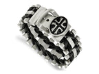 FJC Finejewelers Stainless Steel Antiqued and Brushed Cross Black Leather Adj. Bracelet 6.75 Inches x 26