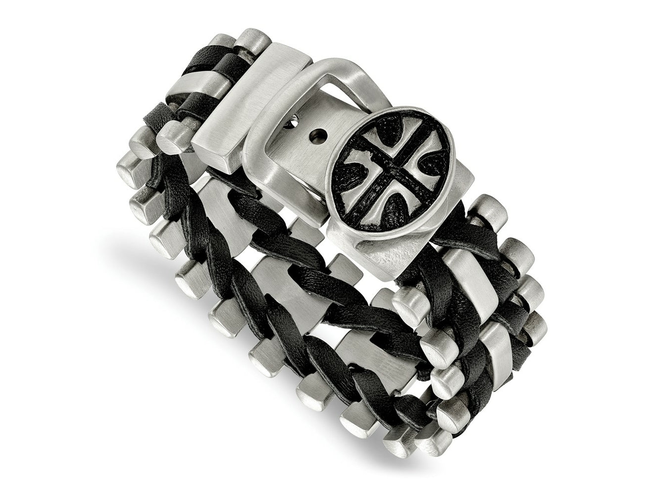 FJC Finejewelers Stainless Steel Antiqued and Brushed Cross Black Leather Adj. Bracelet 6.75 Inches x 26