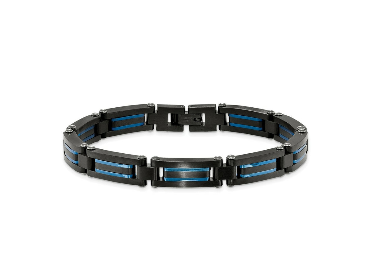 FJC Finejewelers Stainless Steel Link Brushed and Black/Blue IP-plated Bracelet 8.5 Inches x 8.27 mm