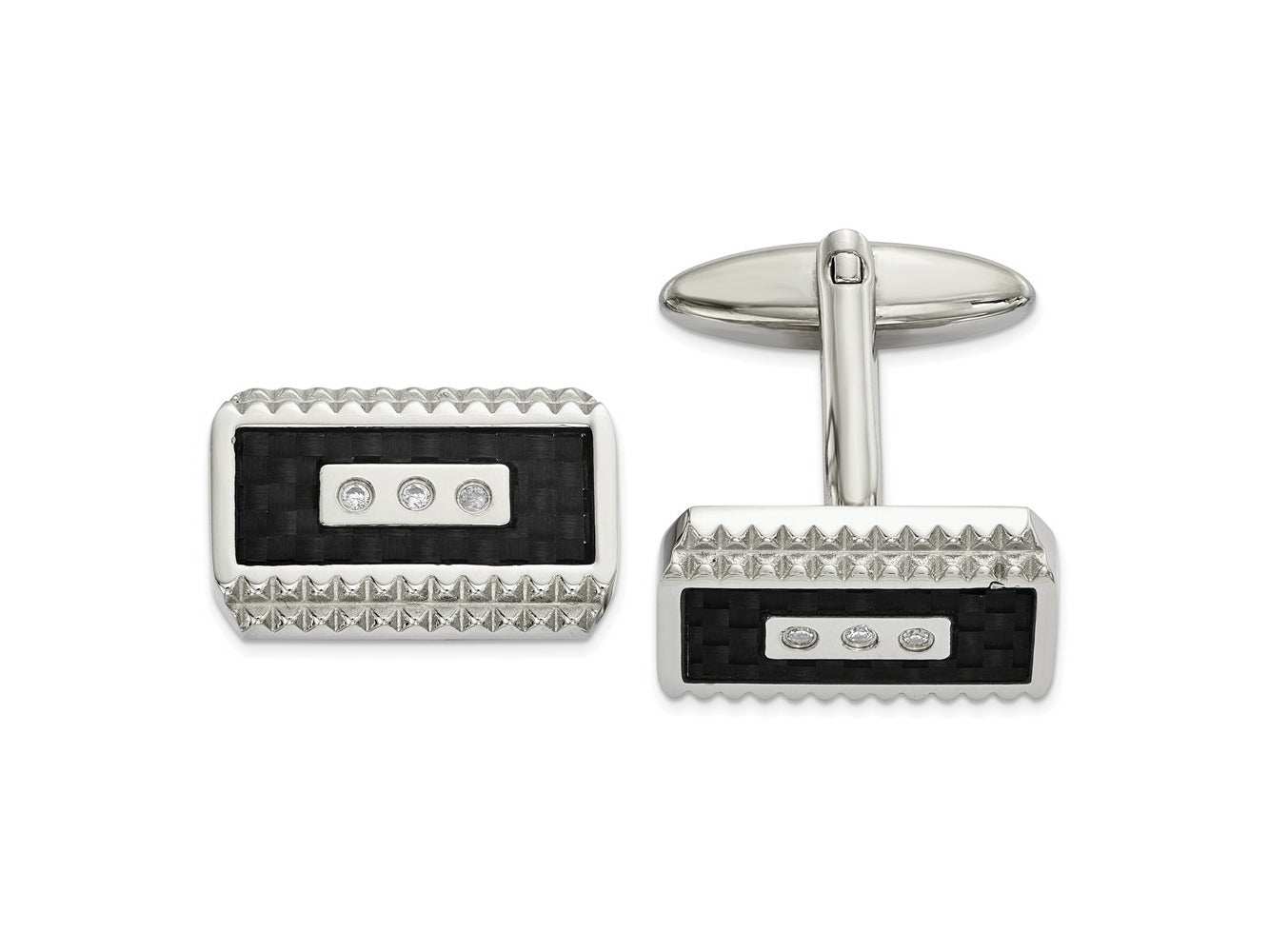 FJC Finejewelers Stainless Steel Polished and Textured Black Carbon Fiber Inlay CZ Cufflinks 21 x 19 mm