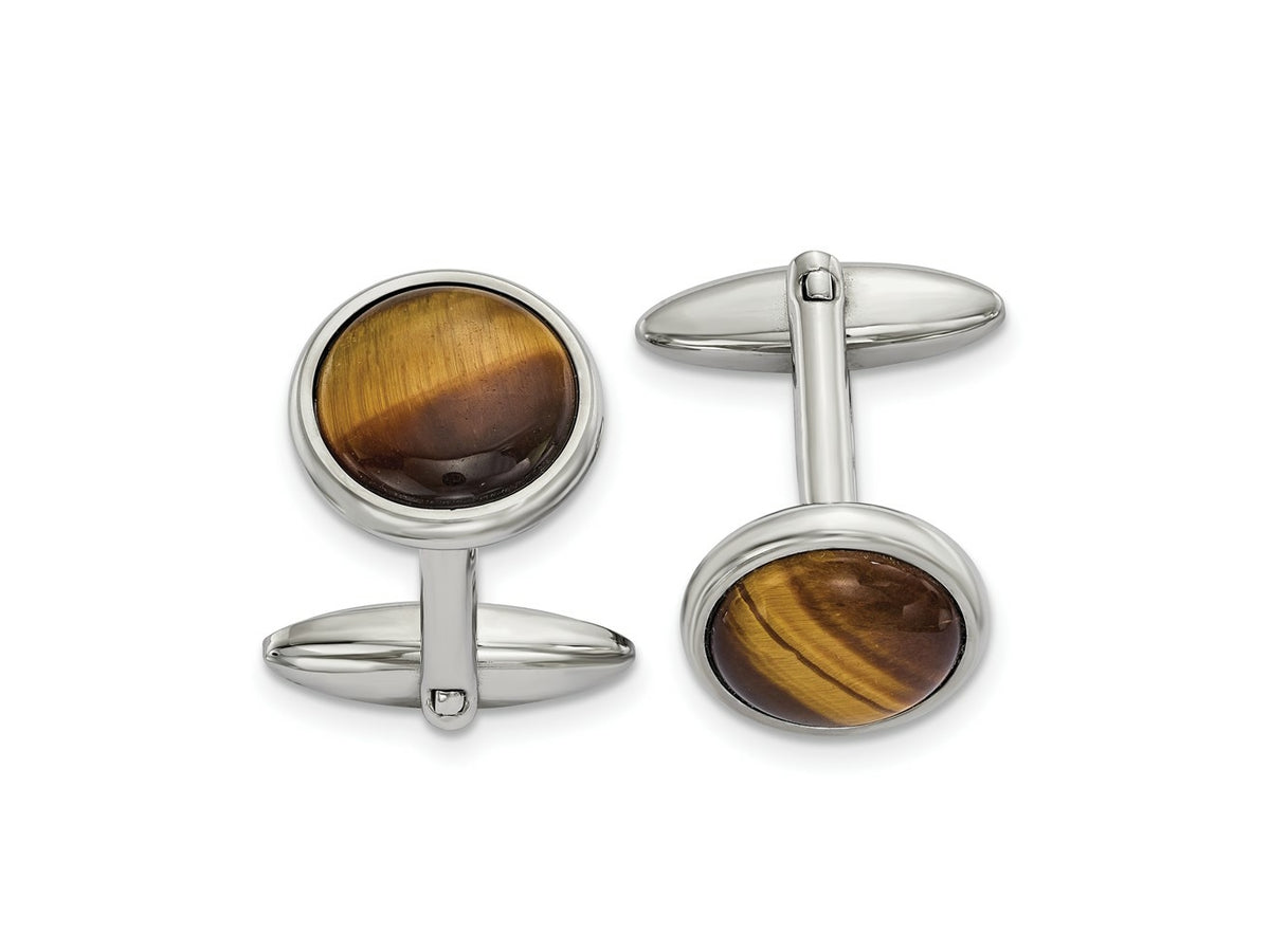 FJC Finejewelers Stainless Steel Polished Tiger's Eye Circle Cufflinks 23 x 15 mm