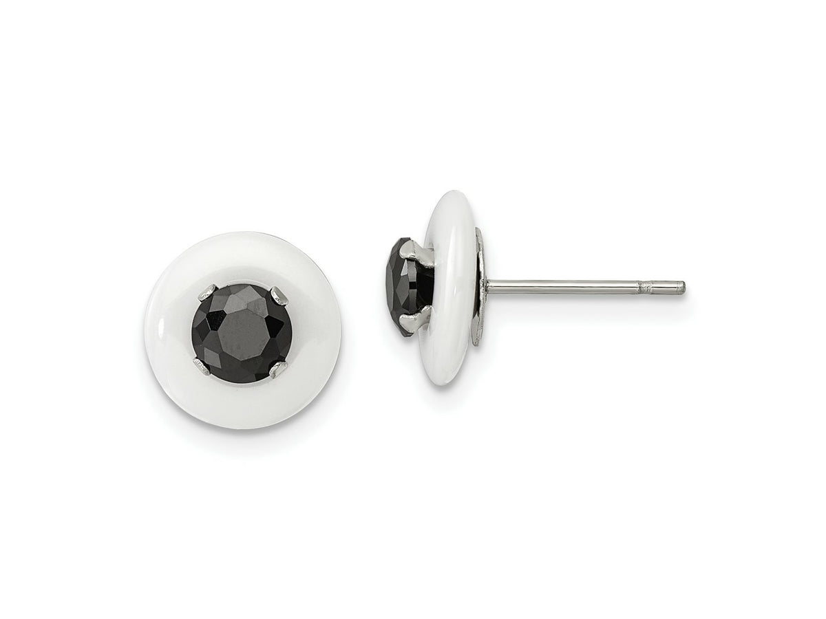 FJC Finejewelers Stainless Steel Stud Polished White Ceramic with Black CZ Post Earrings 9 x 9 mm