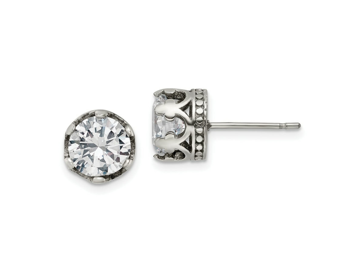 FJC Finejewelers Stainless Steel Stud Antiqued and Polished with CZ Crown Post Earrings 9 x 9 mm
