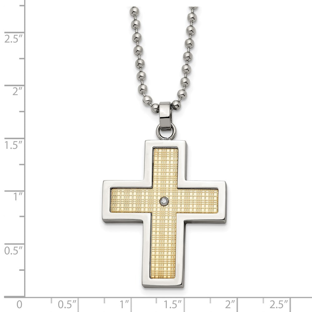 Chisel Sterling Silver and Stainless Steel Polished w/18k Accent and .02ct Diamond Cross Necklace