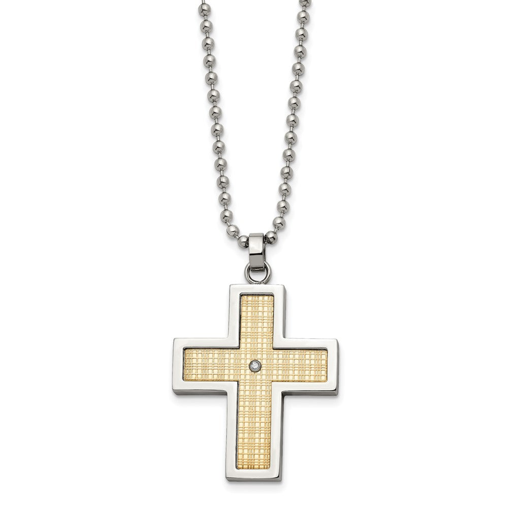 Chisel Sterling Silver and Stainless Steel Polished w/18k Accent and .02ct Diamond Cross Necklace