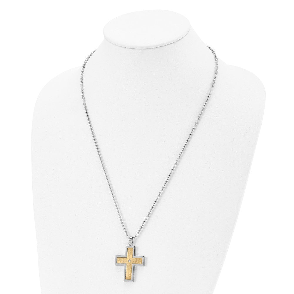 Chisel Sterling Silver and Stainless Steel Polished w/18k Accent and .02ct Diamond Cross Necklace
