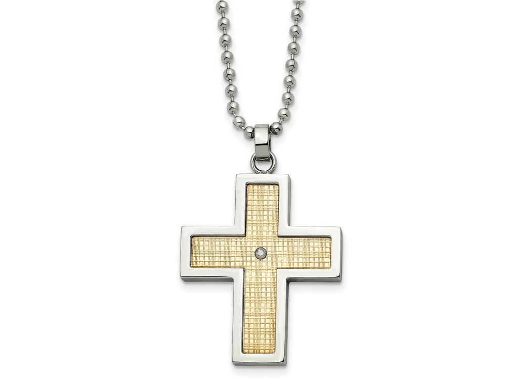 Chisel Sterling Silver and Stainless Steel Polished w/18k Accent and .02ct Diamond Cross Necklace