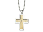 Chisel Sterling Silver and Stainless Steel Polished w/18k Accent and .02ct Diamond Cross Necklace