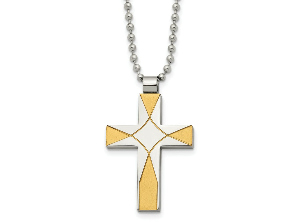 FJC Finejewelers Stainless Steel Brushed and Yellow IP-plated Cross Necklace 22 Inches x 26 mm