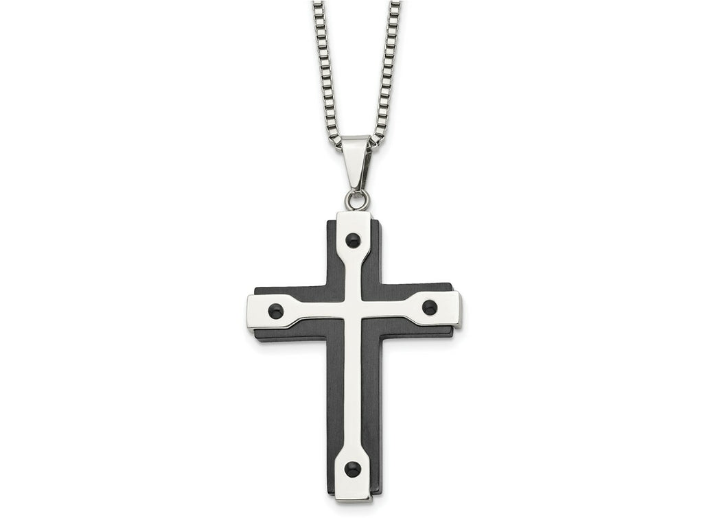 FJC Finejewelers Stainless Steel Box Brushed and Black IP-plated Cross 22in Necklace 22 Inches x 35 mm