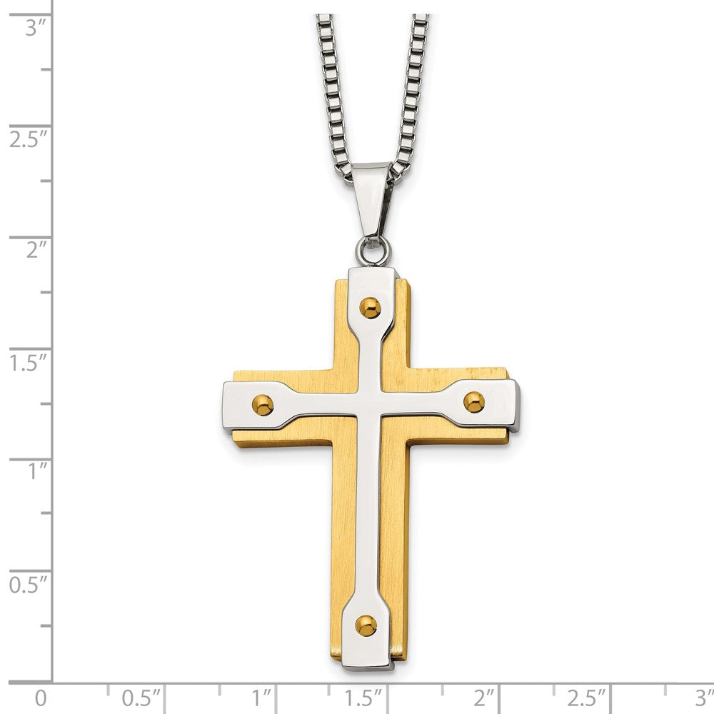FJC Finejewelers Stainless Steel Brushed and Yellow IP-plated Cross Necklace 22 Inches x 35 mm