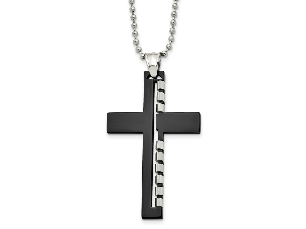 FJC Finejewelers Stainless Steel Ball Black IP-plated Cut out Cross 22in Necklace 22 Inches x 35 mm