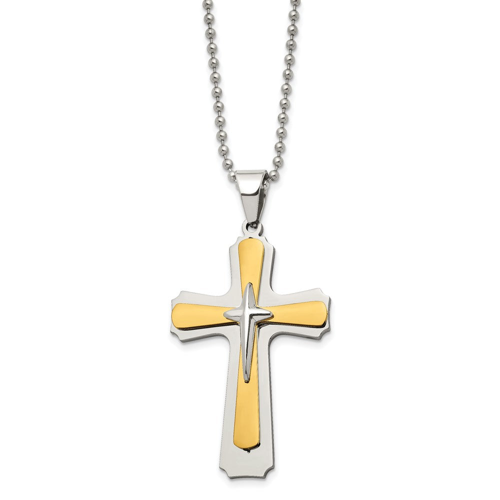 FJC Finejewelers Stainless Steel Ball Yellow IP-plated Cross 22in Necklace 22 Inches x 34 mm
