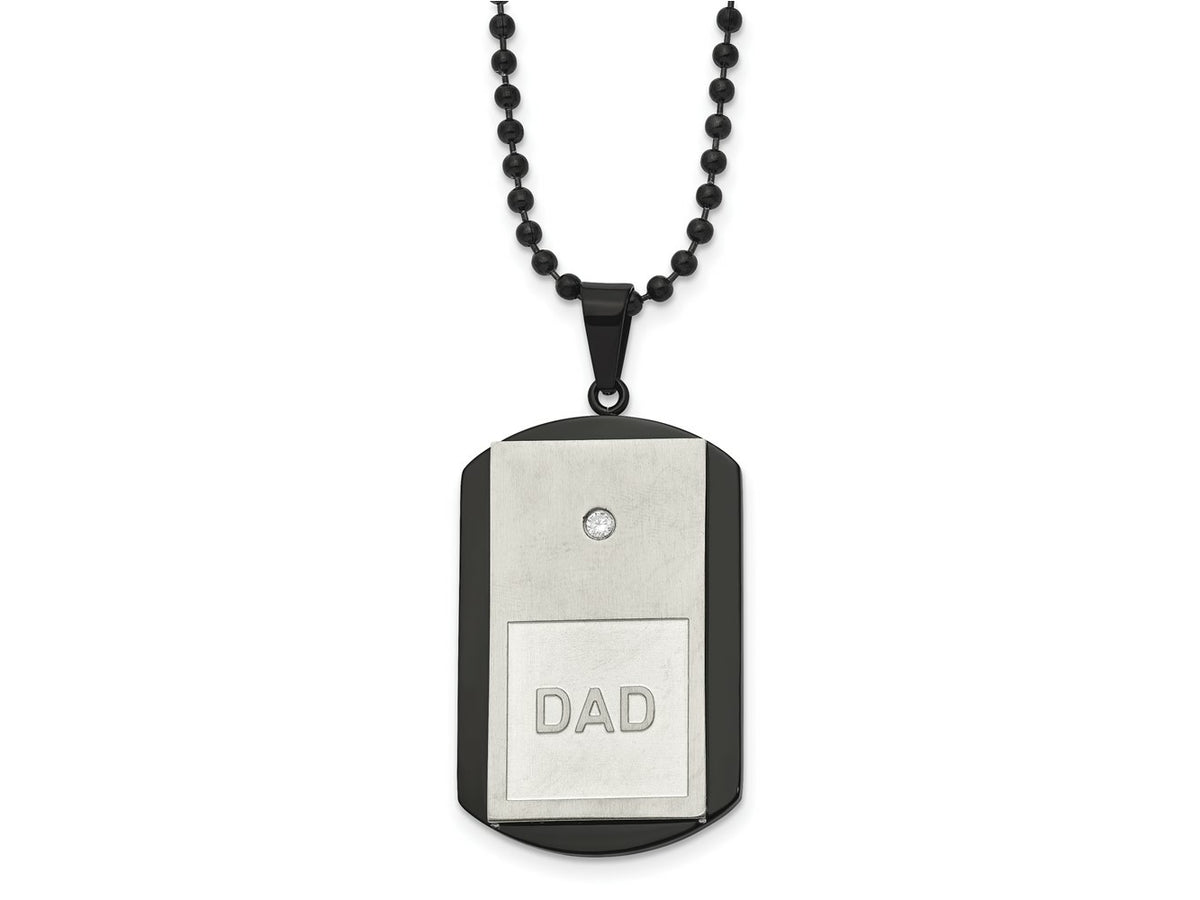 FJC Finejewelers Stainless Steel Brushed and Black IP with CZ DAD Dog Tag Necklace 22 Inches x 25.81 mm