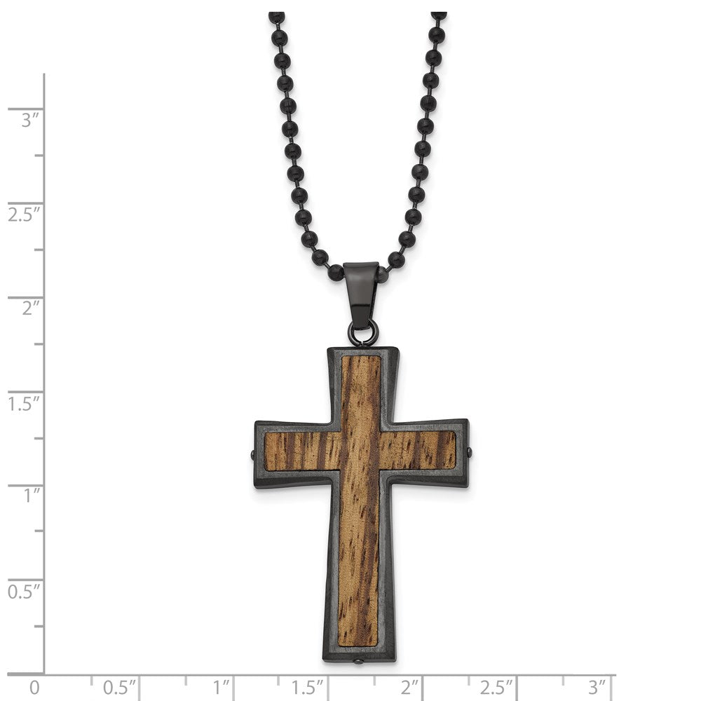 FJC Finejewelers Stainless Steel Brushed GunMetal IP-plated with Wood Inlay Cross Necklace 24 Inches x 3