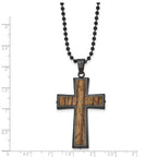 FJC Finejewelers Stainless Steel Brushed GunMetal IP-plated with Wood Inlay Cross Necklace 24 Inches x 3