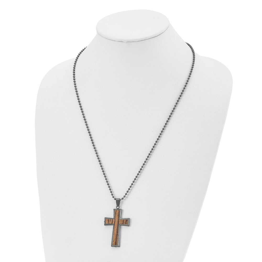 FJC Finejewelers Stainless Steel Brushed GunMetal IP-plated with Wood Inlay Cross Necklace 24 Inches x 3