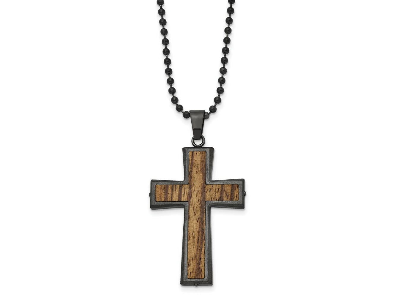 FJC Finejewelers Stainless Steel Brushed GunMetal IP-plated with Wood Inlay Cross Necklace 24 Inches x 3