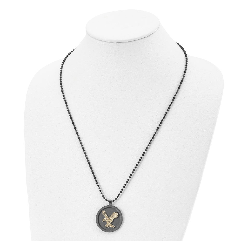 FJC Finejewelers Stainless Steel Brushed/Black/Yellow IP-plated Eagle Disk Necklace 24 Inches x 31.79 mm