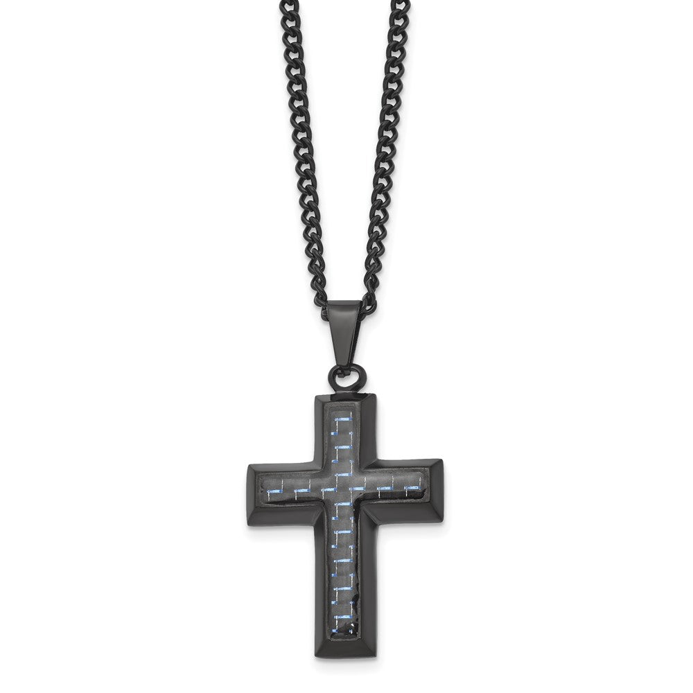 FJC Finejewelers Stainless Steel Curb Black IP with Blue Carbon Fiber Inlay Cross Necklace 24 Inches x 2