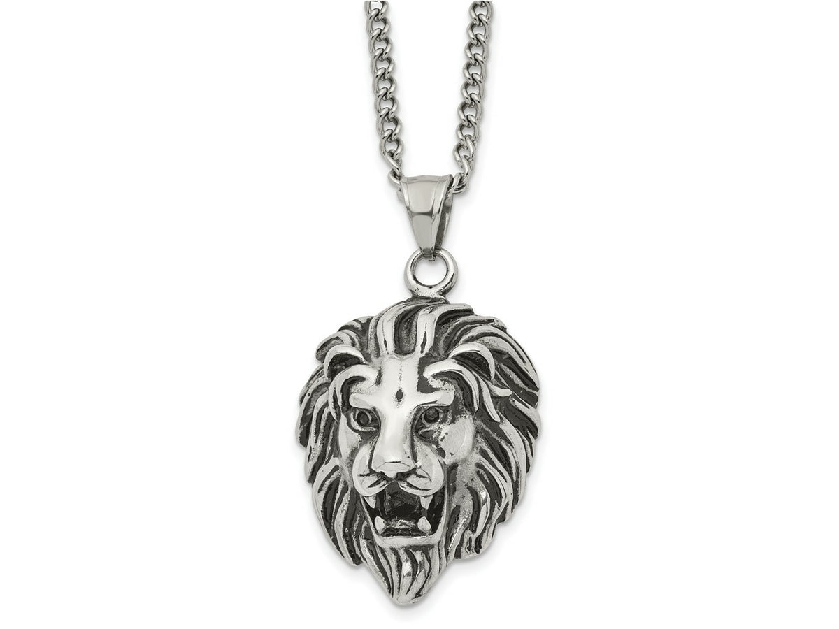 FJC Finejewelers Stainless Steel Antiqued and Polished Lion Head 24in Necklace 24 Inches x 28.37 mm