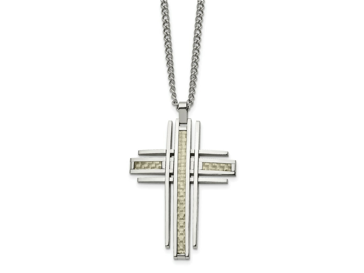 FJC Finejewelers Stainless Steel with Grey Carbon Fiber Inlay Cross 24in Necklace 24 Inches x 36 mm