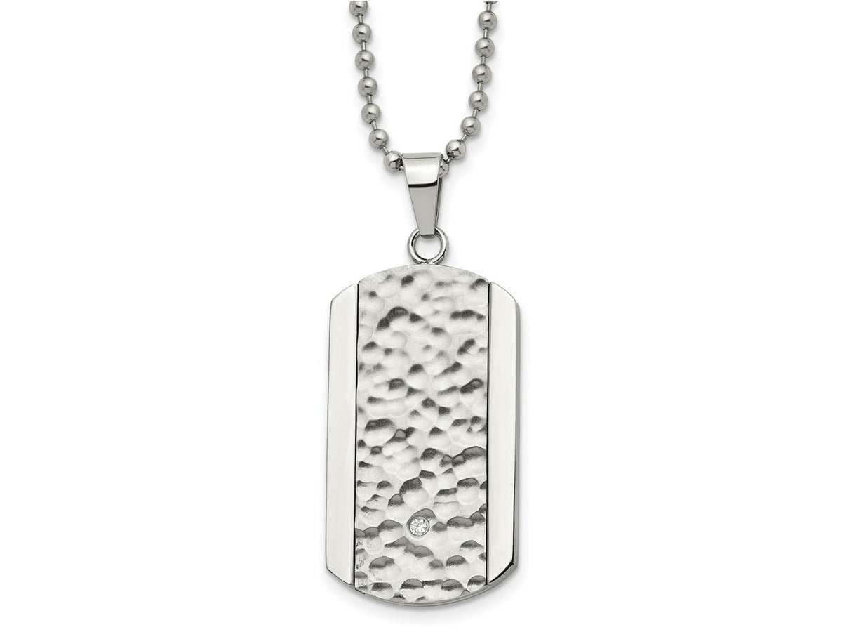 FJC Finejewelers Stainless Steel Polished and Hammered with CZ Dog Tag Necklace 22 Inches x 21.91 mm