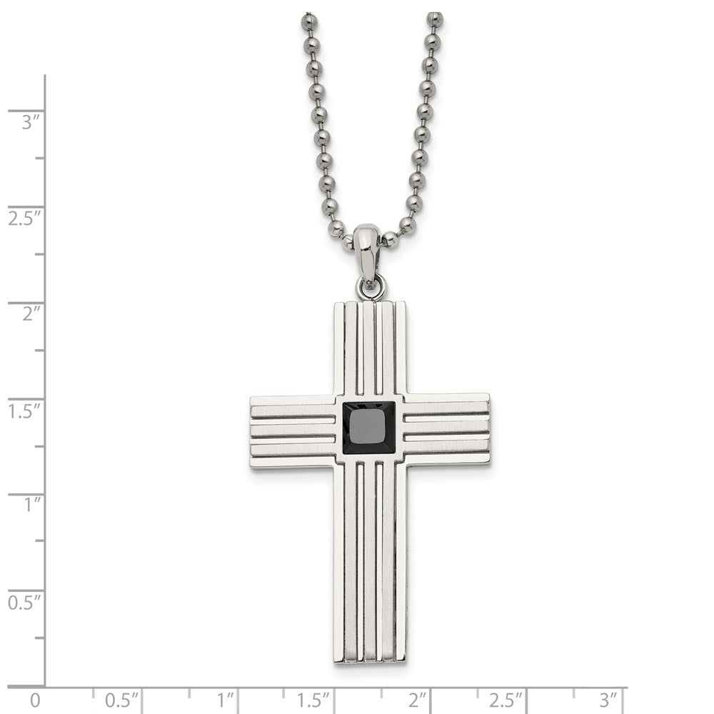 FJC Finejewelers Stainless Steel Ball Brushed and with Black CZ Cross 24in Necklace 24 Inches x 32 mm